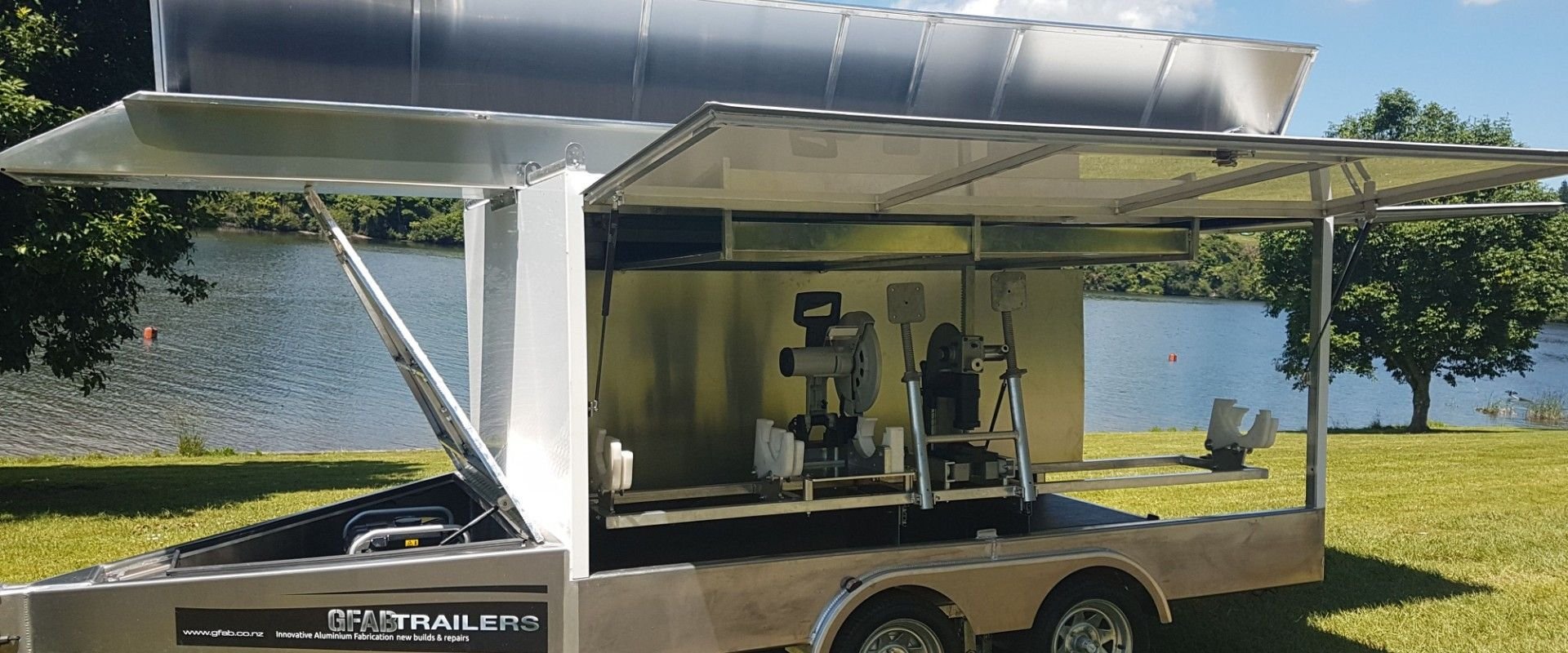 GFAB Trailers - 3100x1950 Alloy Box Trailer - ACM, 2500 GVM, tandem axle, roller doors, opening gull wings, spouting  - Edwards and Hardy